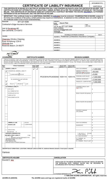 Clearview Insurance Certificate